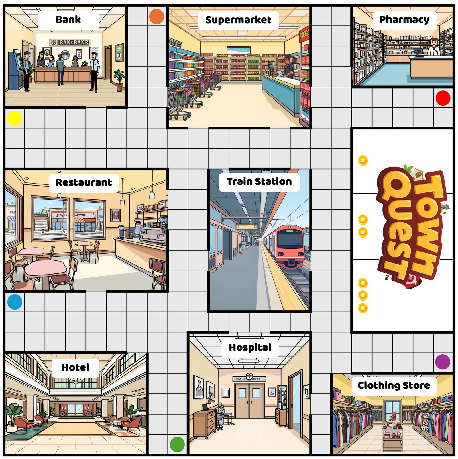 Town Quest board with eight real-life English conversation locations